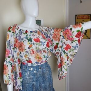 Vici White Floral Off-Shoulder Bell Sleeve Top